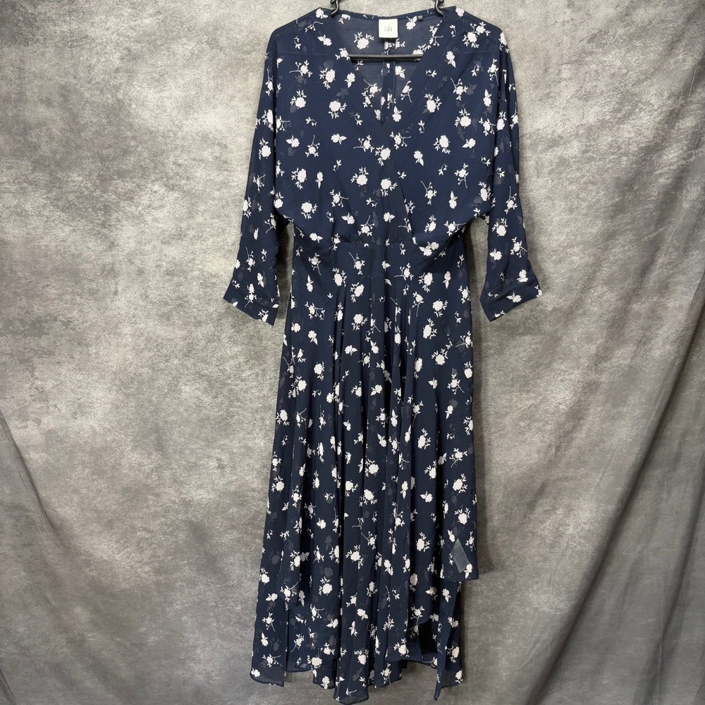 Cabi‎ Pemberley Print Floral Midi Dress Size 6 Navy Blue Sheer Chiffon Chic 5575